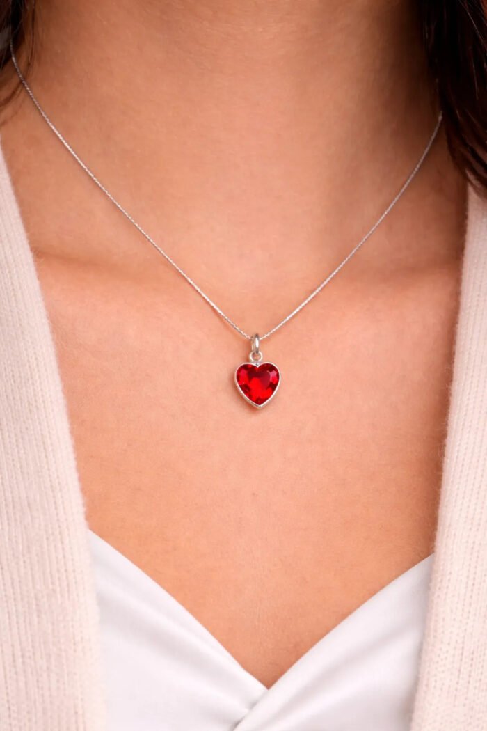 Kit Conjunto Prata 925 Feminino Coração Zircônia Vermelho Prateado - Imagem 5