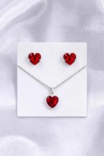Kit Conjunto Prata 925 Feminino Coração Zircônia Vermelho Prateado - Imagem 7