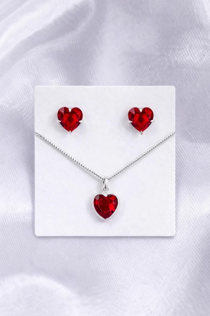 Kit Conjunto Prata 925 Feminino Coração Zircônia Vermelho Prateado - Imagem 7