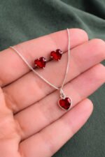 Kit Conjunto Prata 925 Feminino Coração Zircônia Vermelho Prateado - Imagem 6
