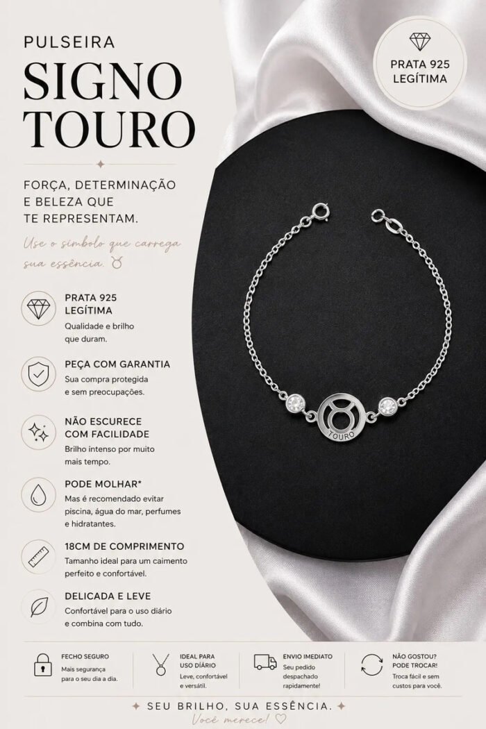 Pulseira Signo Prata 925 Feminina Medalha Pingente Touro 18 Cm - Imagem 2