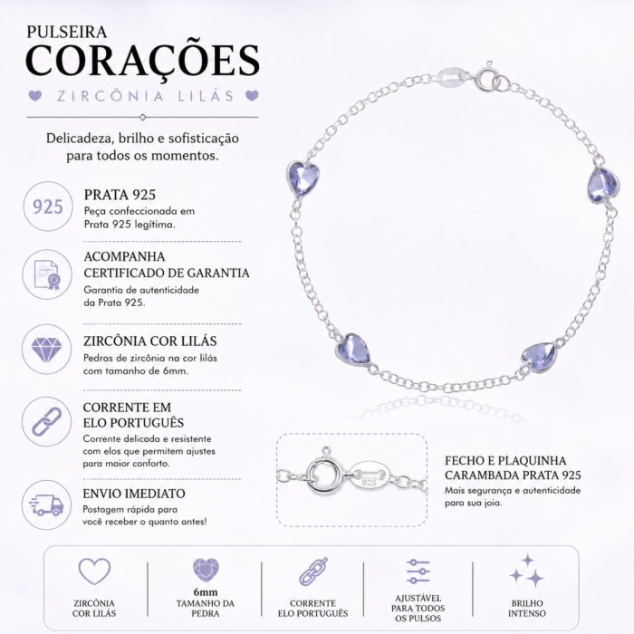 Pulseira Prata 925 Feminina Coração Zircônia Roxa 18 Cm Prateado 18 Cm - Imagem 2