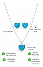 Kit Conjunto Prata 925 Feminino Coração Zircônia Turmalina Prateado - Imagem 2