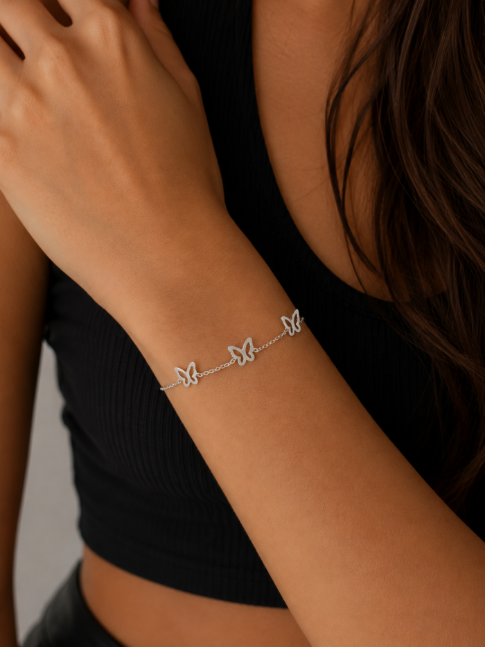 Pulseira Prata 925 Borboletas Feminina Delicada Prateado 18 Cm - Imagem 4