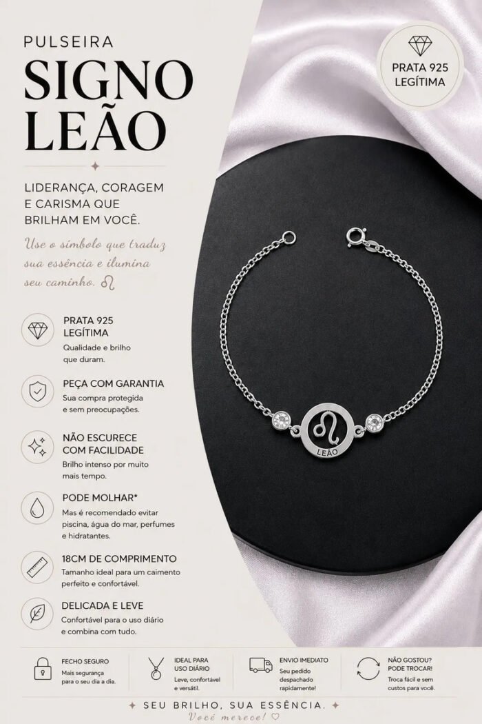 Pulseira Signo Prata 925 Feminina Medalha Pingente Leão 18 Cm - Imagem 2