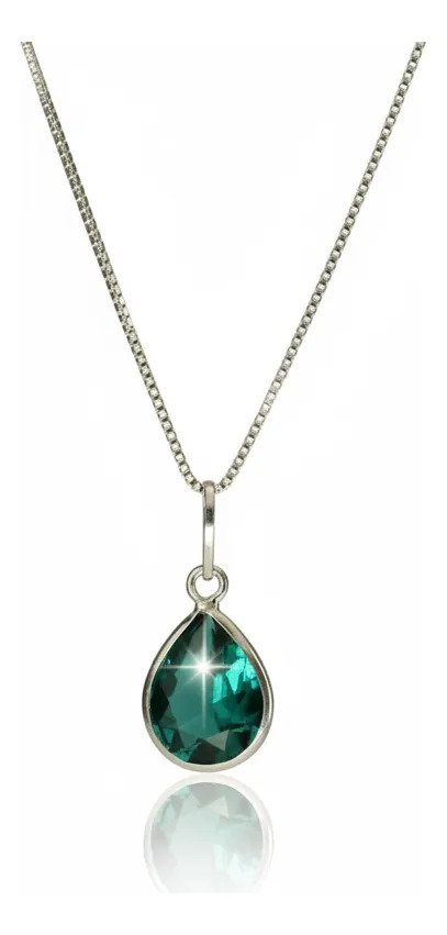 Colar Feminino Ponto De Luz Gota Prata 925 Caixinha Turmalina