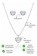 Kit Conjunto Prata 925 Feminino Coração Zircônia Cristal Prateado - Imagem 2