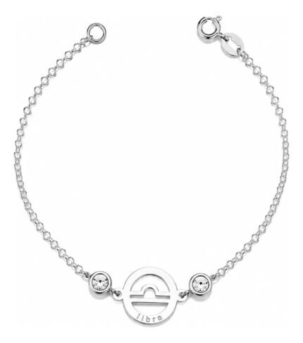 Pulseira Signo Prata 925 Feminina Medalha Pingente Libra 18 Cm