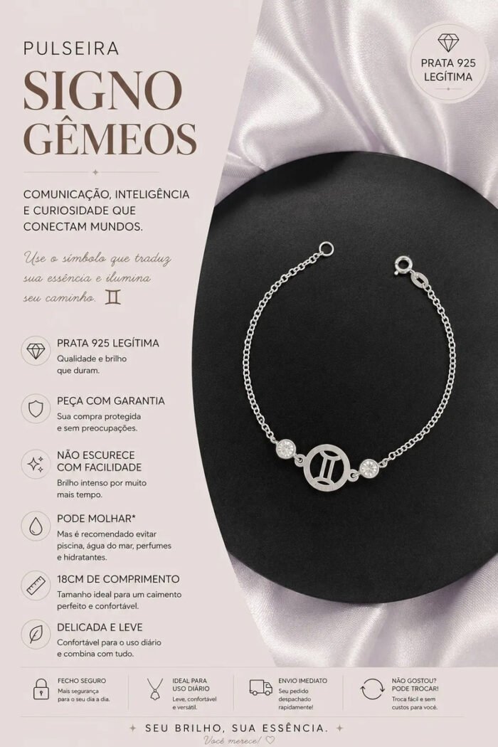 Pulseira Signo Prata 925 Feminina Medalha Pingente Gêmeos 18 Cm - Imagem 2