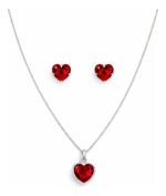 Kit Conjunto Prata 925 Feminino Coração Zircônia Vermelho Prateado