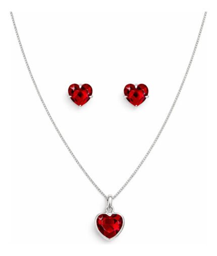 Kit Conjunto Prata 925 Feminino Coração Zircônia Vermelho Prateado