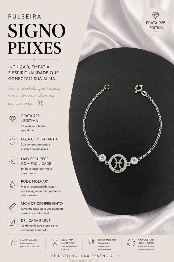 Pulseira Signo Prata 925 Feminina Medalha Pingente Peixes 18 Cm - Imagem 2