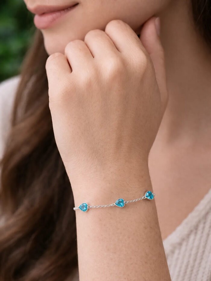 Pulseira Prata 925 Feminina Coração Zirconia Azul Tam 18cm Prateado 18 Cm - Imagem 5