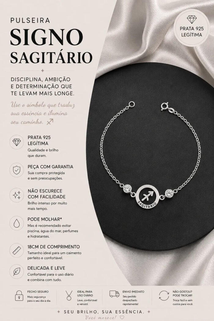 Pulseira Signo Prata 925 Feminina Medalha Pingente Sagitário 18 Cm - Imagem 2