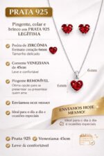 Kit Conjunto Prata 925 Feminino Coração Zircônia Vermelho Prateado - Imagem 2