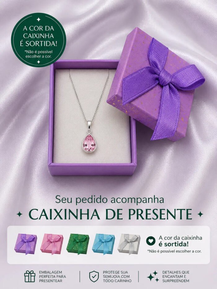 Colar Feminino Ponto De Luz Gota Prata 925 Caixinha Rosa - Imagem 4