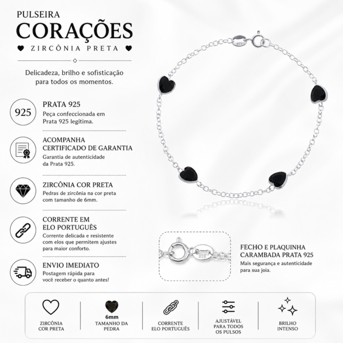 Pulseira Prata 925 Feminina Redonda Zircônia Preta 18 Cm Prateado 18 Cm - Imagem 2