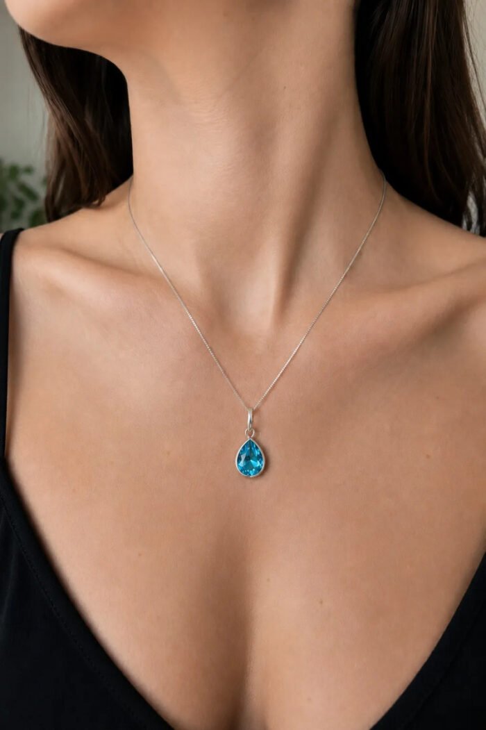 Colar Feminino Ponto De Luz Gota Prata 925 Caixinha Azul Celeste - Imagem 3